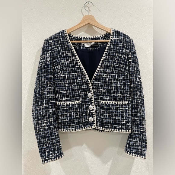 Veronica Beard Navy and White Tweed Embroidered Button Up Blazer Size 6 - Picture 2 of 13